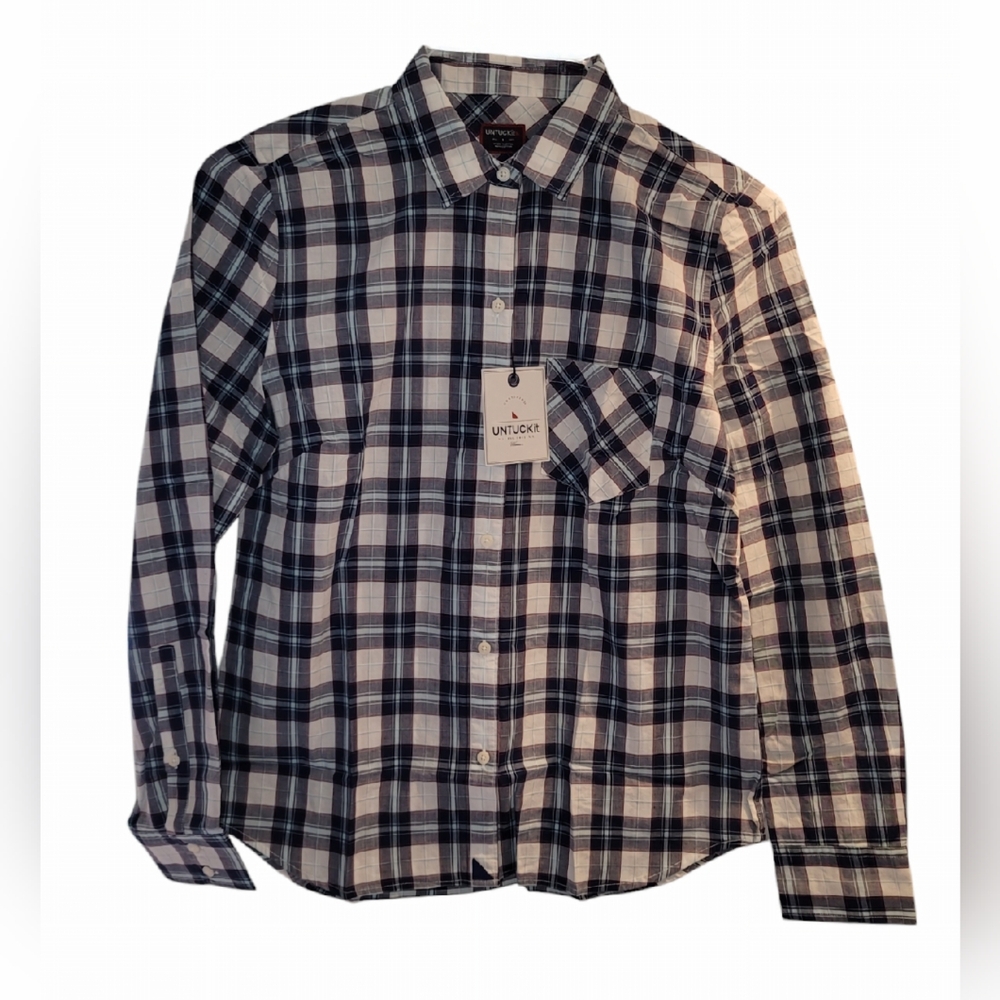 NWT Untuckit women’s SORBO plaid blue long sleeve button down shirt Size 4